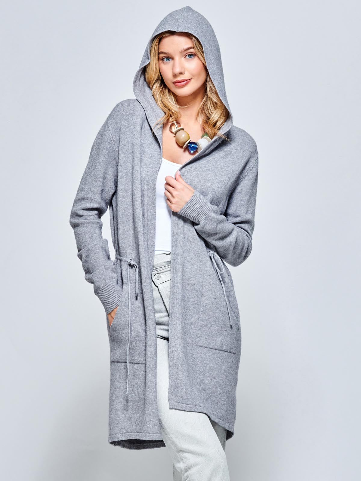Drawstring Waist Hooded Cardigan, Dove Heather