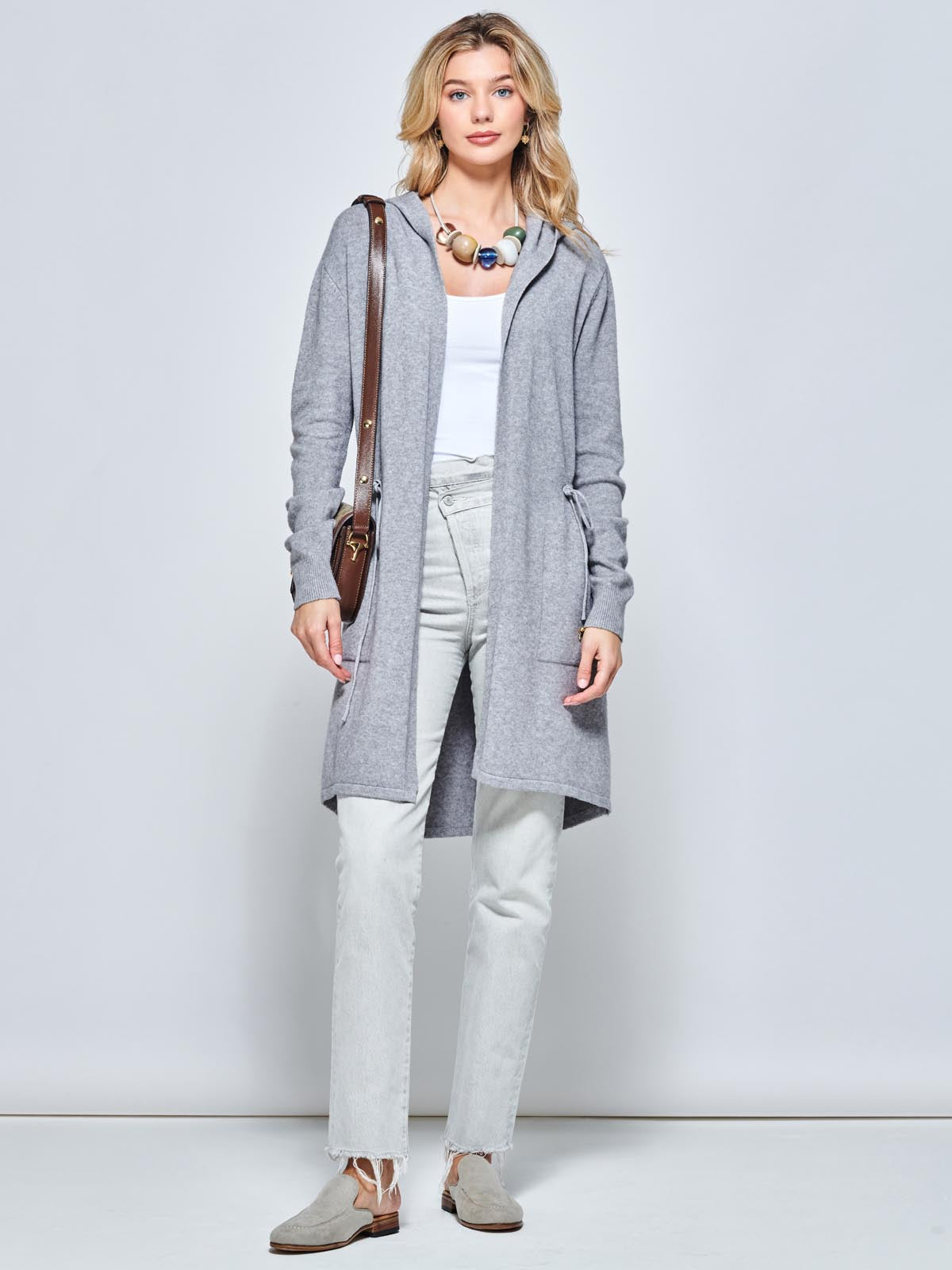 Drawstring Waist Hooded Cardigan, Dove Heather