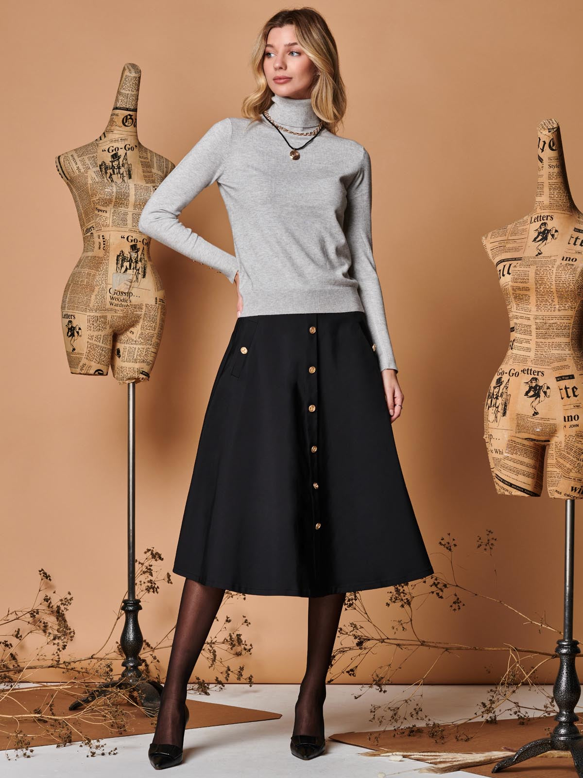 Turtleneck Fine Knit Fitted Jumper, Dove Heather