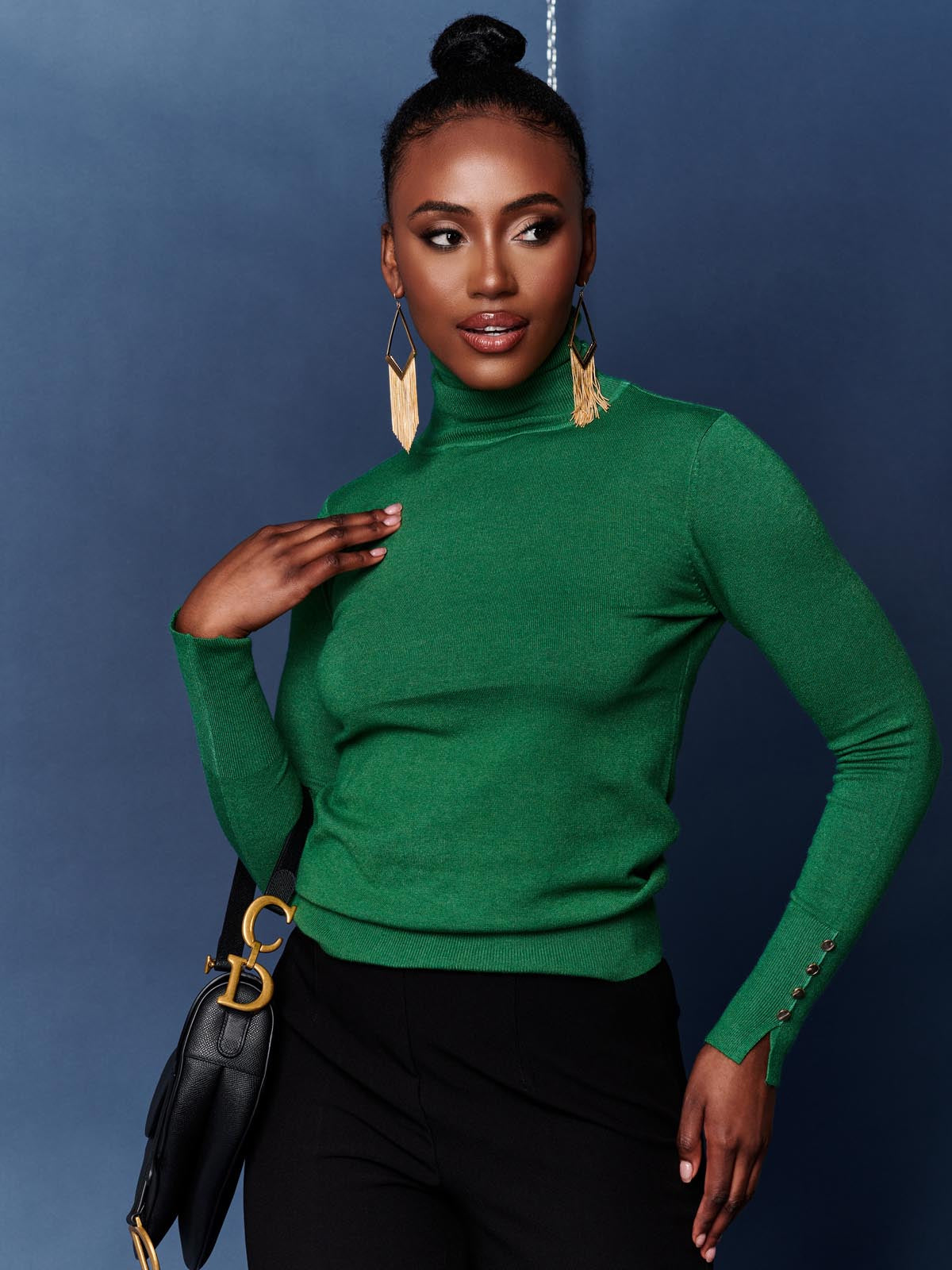 Turtleneck Fine Knit Fitted Jumper, Green