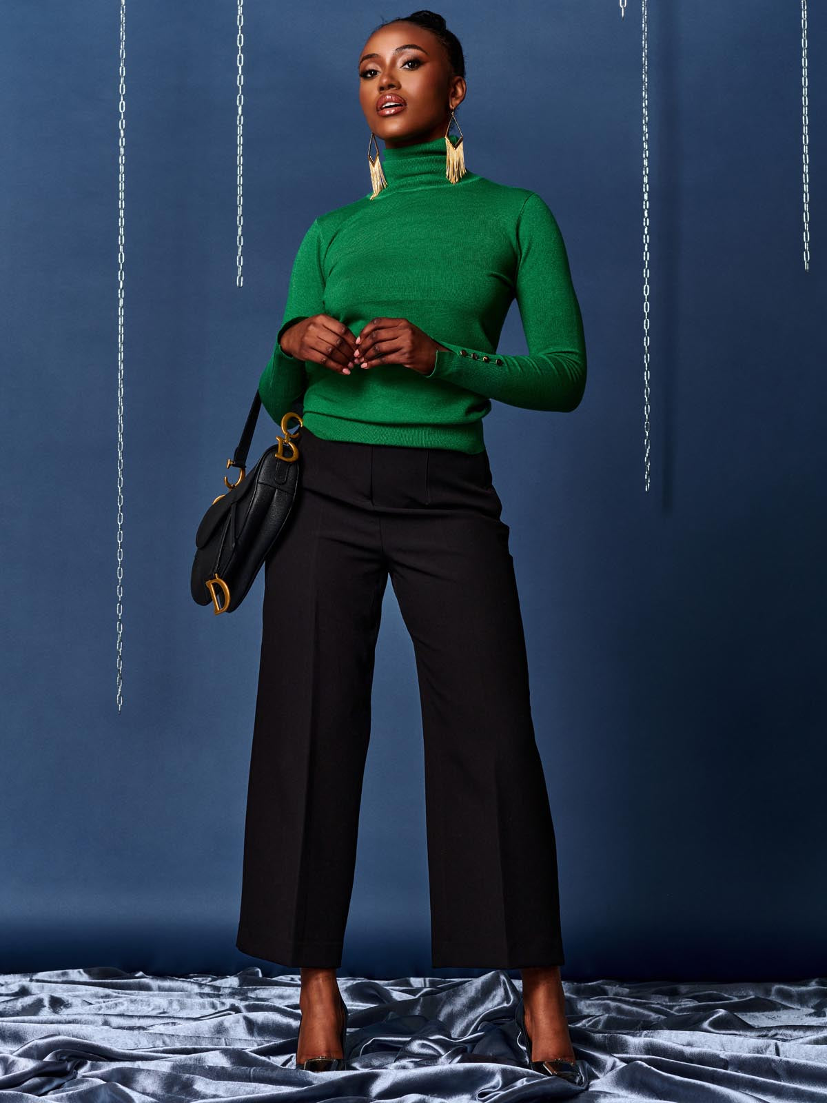 Turtleneck Fine Knit Fitted Jumper, Green