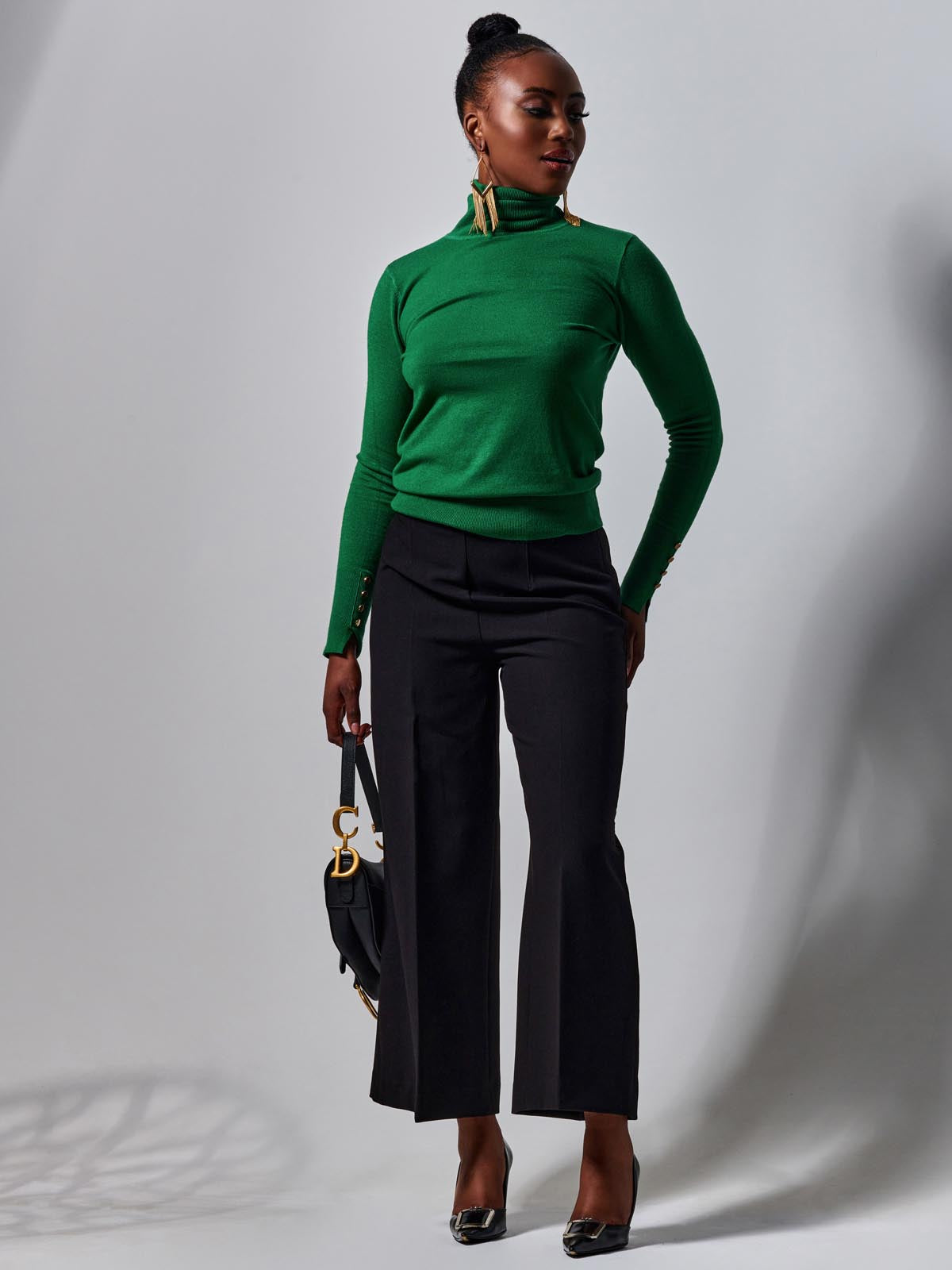 Turtleneck Fine Knit Fitted Jumper, Green