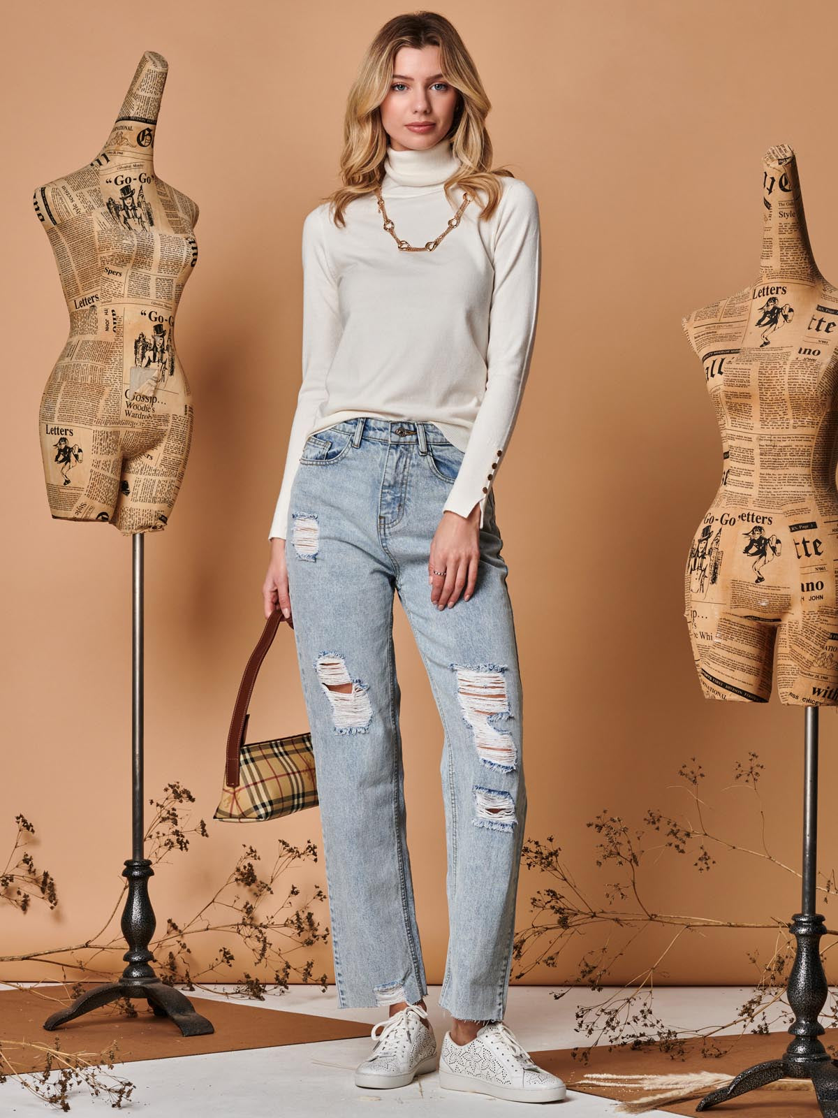 Turtleneck Fine Knit Fitted Jumper, Oatmeal