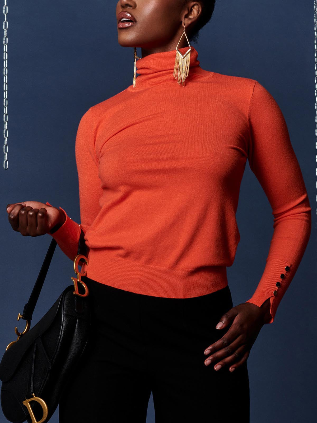 Turtleneck Fine Knit Fitted Jumper, Orange