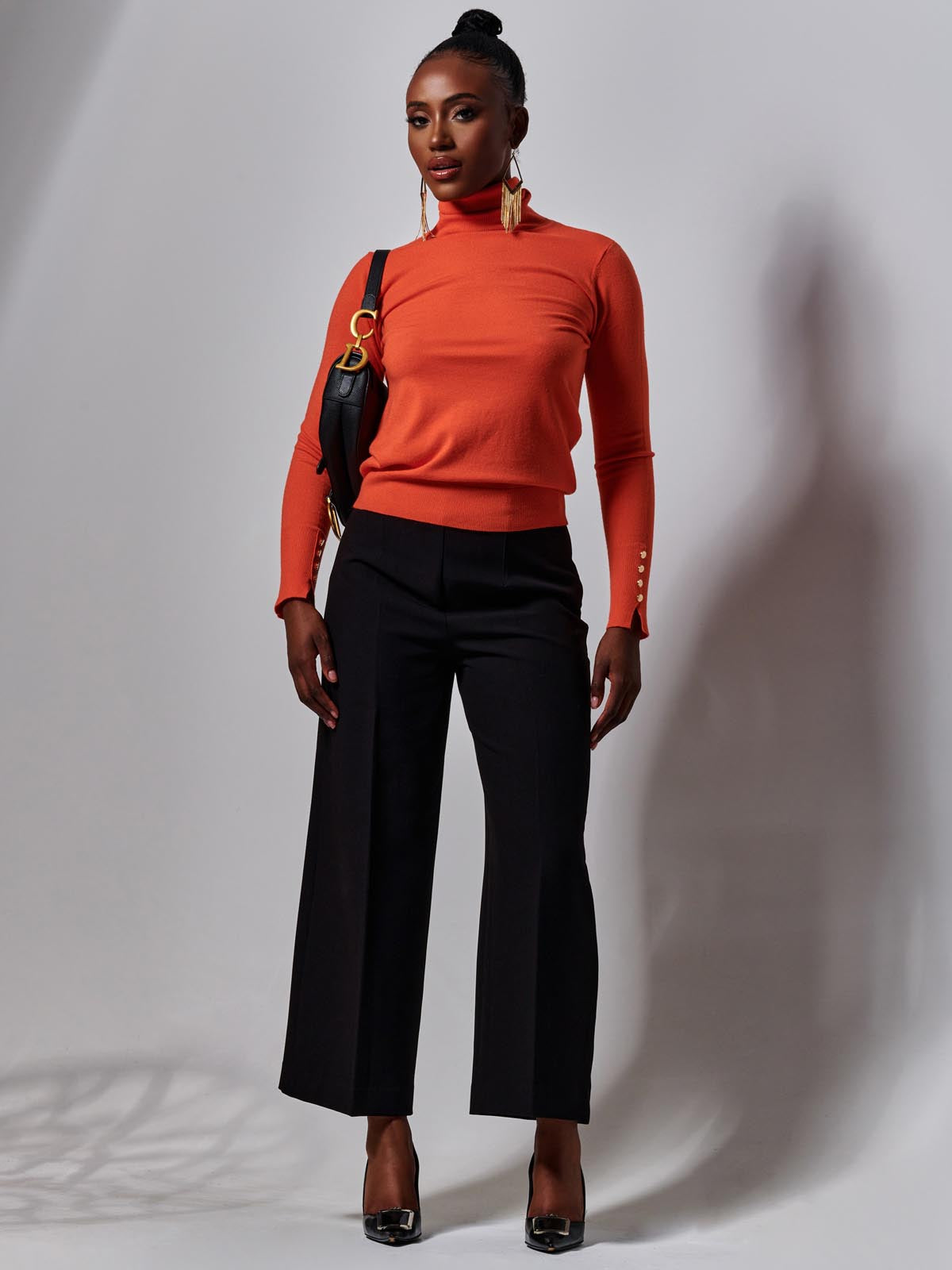 Turtleneck Fine Knit Fitted Jumper, Orange