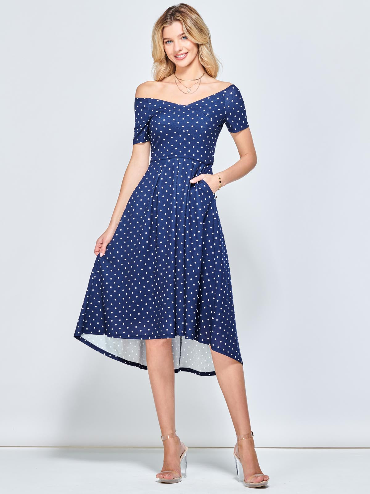 Fit & Flare Pleated Ponte Midi Dress, Navy Spot