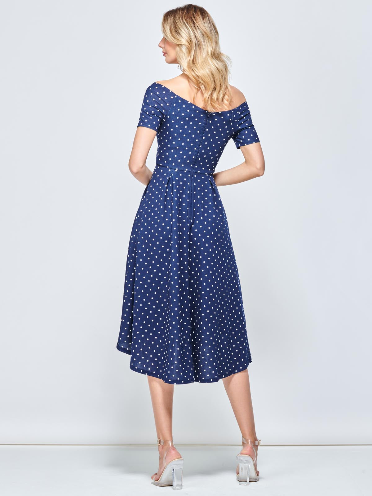 Fit & Flare Pleated Ponte Midi Dress, Navy Spot