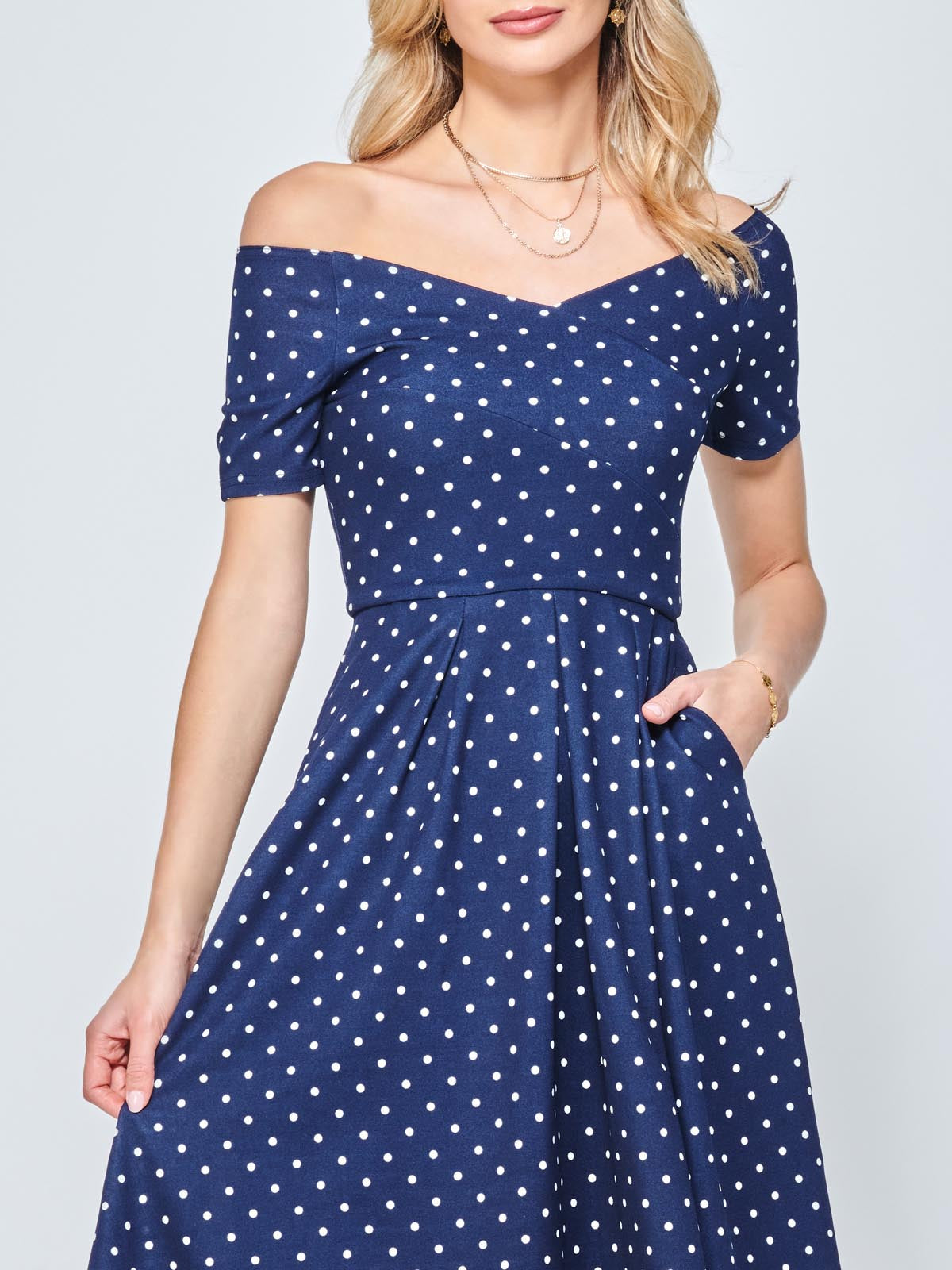 Fit & Flare Pleated Ponte Midi Dress, Navy Spot