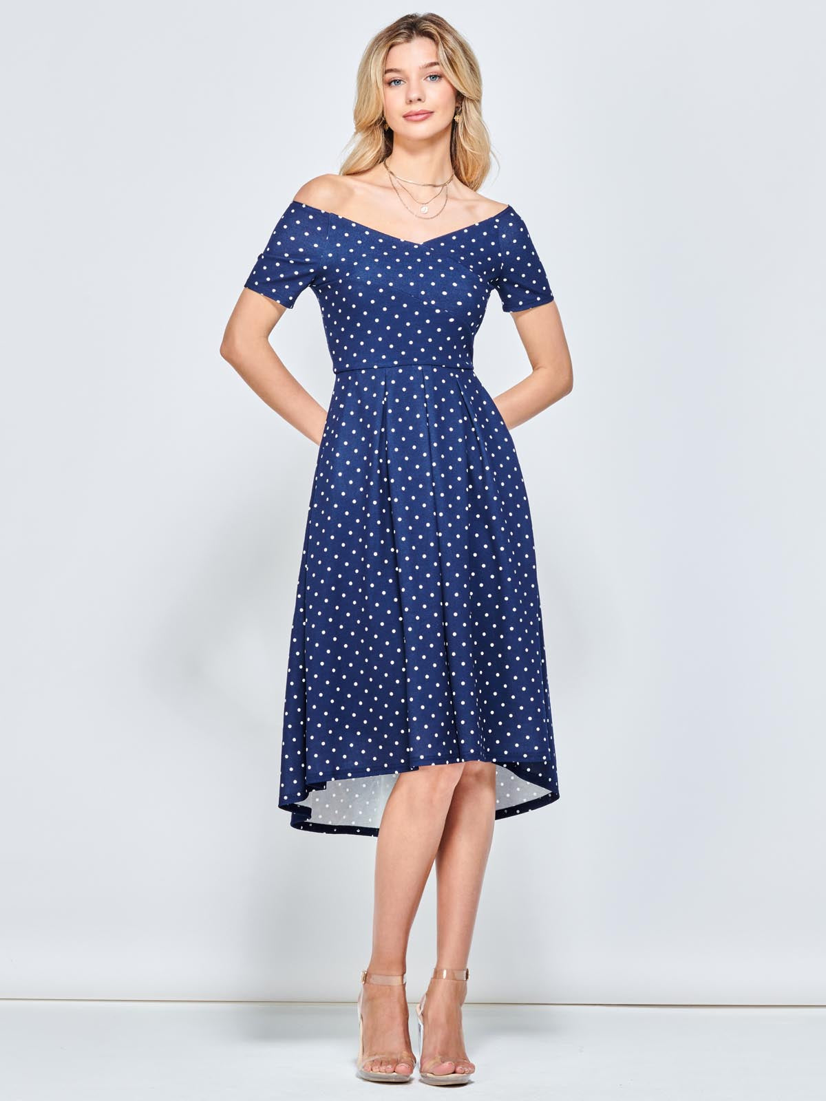 Fit & Flare Pleated Ponte Midi Dress, Navy Spot