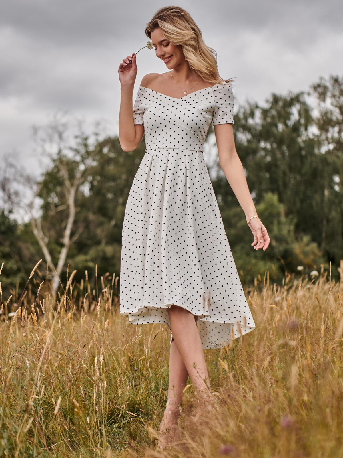 Fit & Flare Pleated Ponte Midi Dress, White Polka Dot