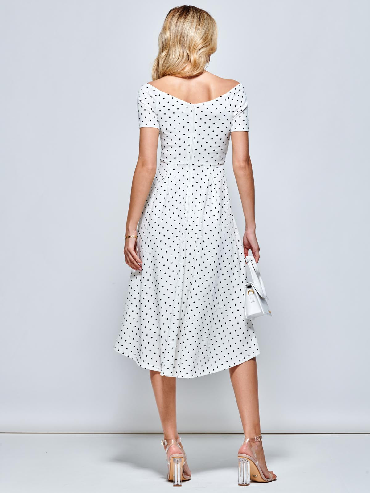 Fit & Flare Pleated Ponte Midi Dress, White Polka Dot
