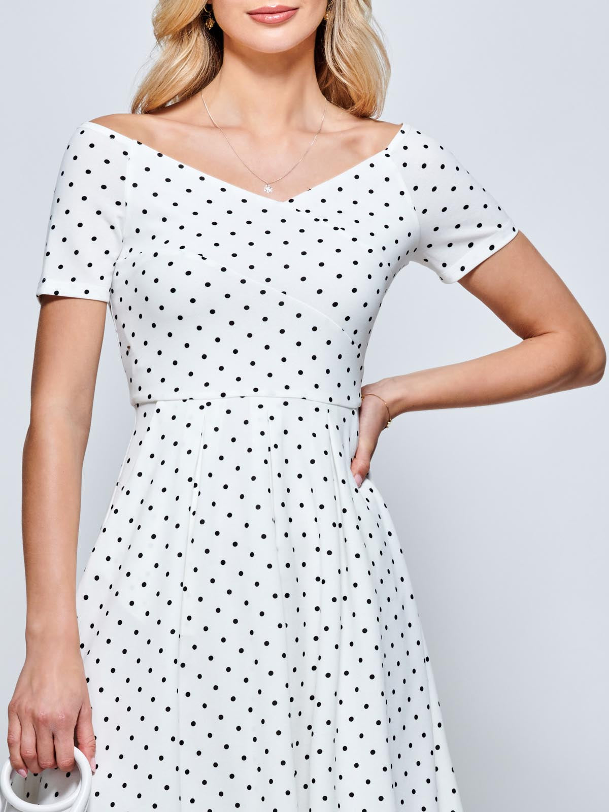 Fit & Flare Pleated Ponte Midi Dress, White Polka Dot