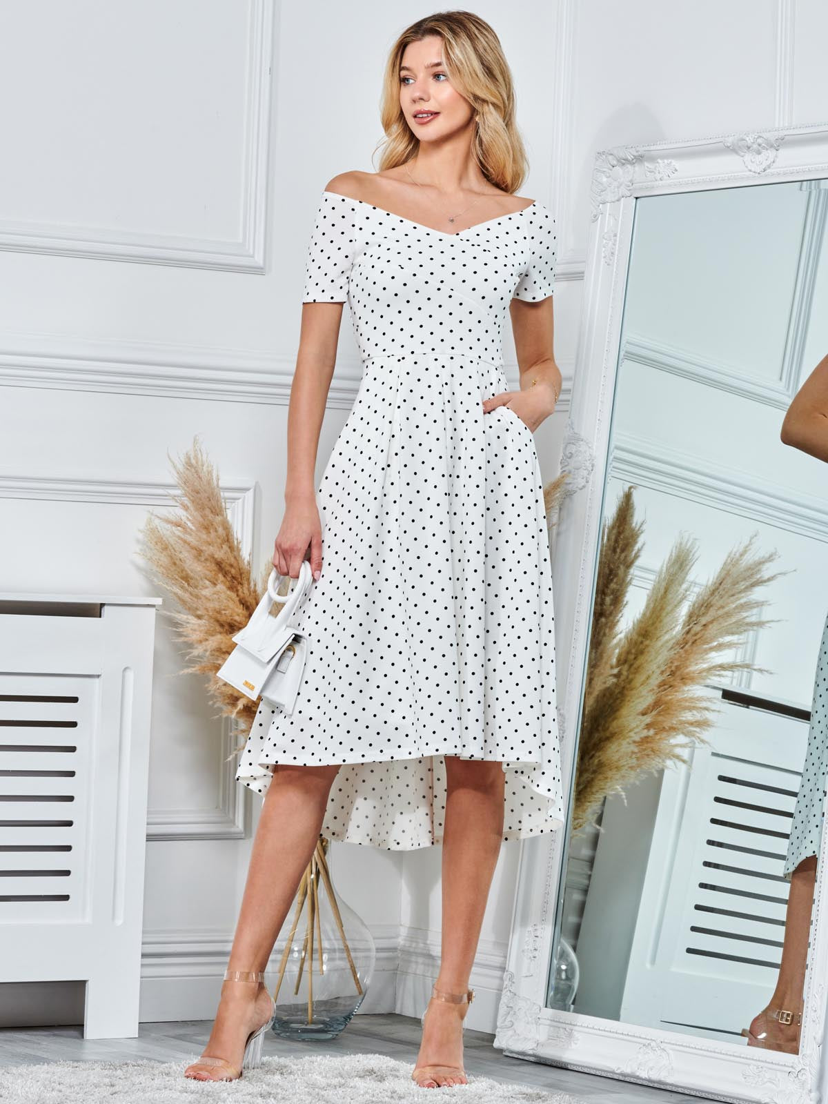 Fit & Flare Pleated Ponte Midi Dress, White Polka Dot