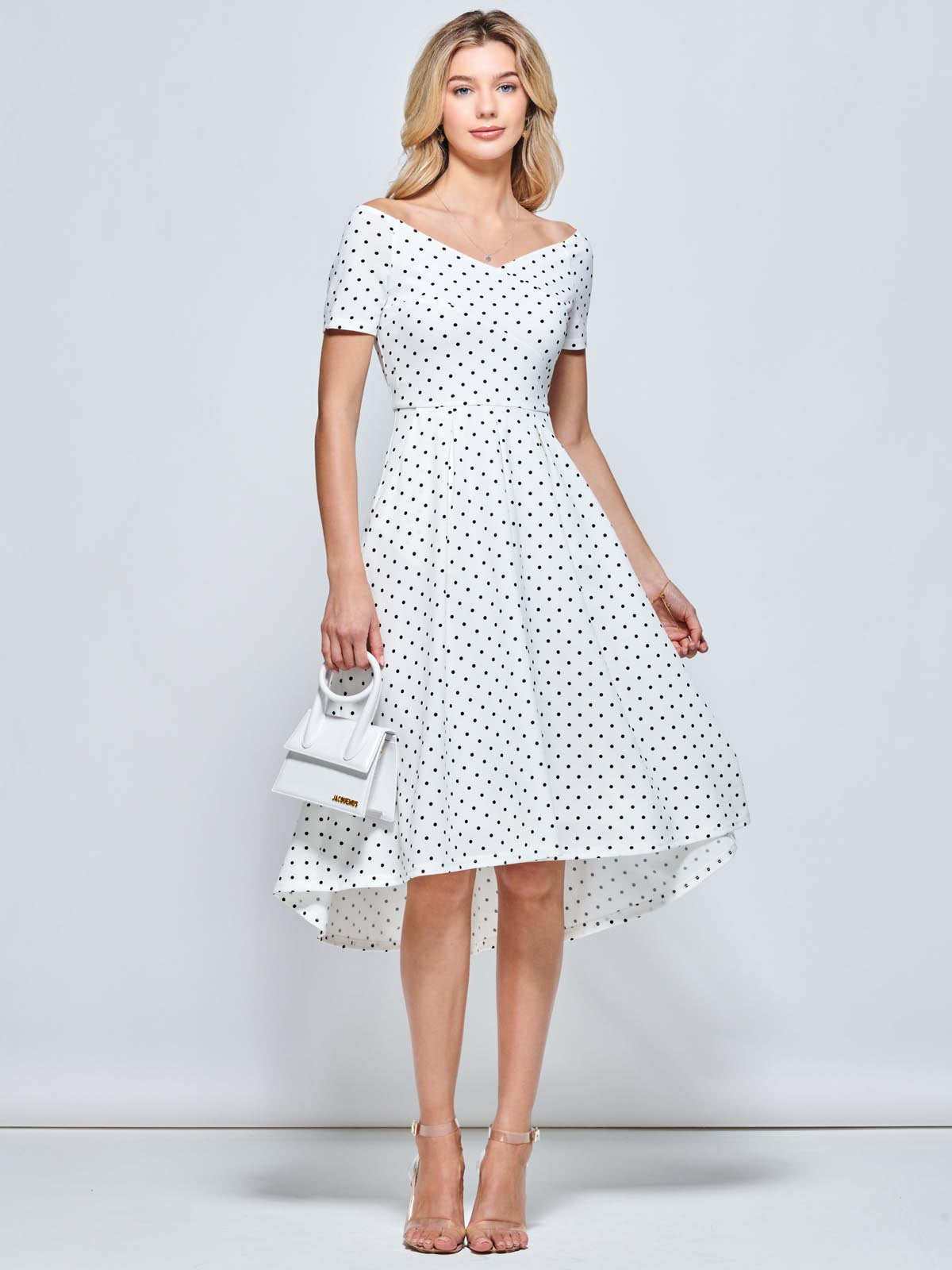 Fit & Flare Pleated Ponte Midi Dress, White Polka Dot
