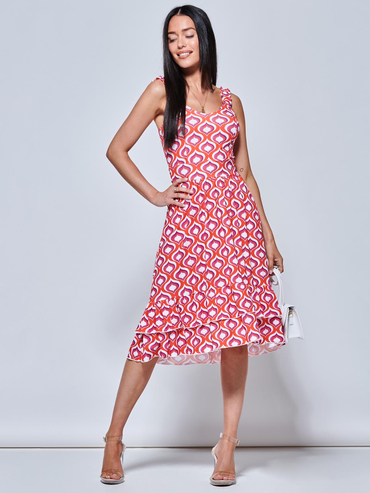 Gabriel Tiered Sleeveless Jersey Dress, Orange Geo