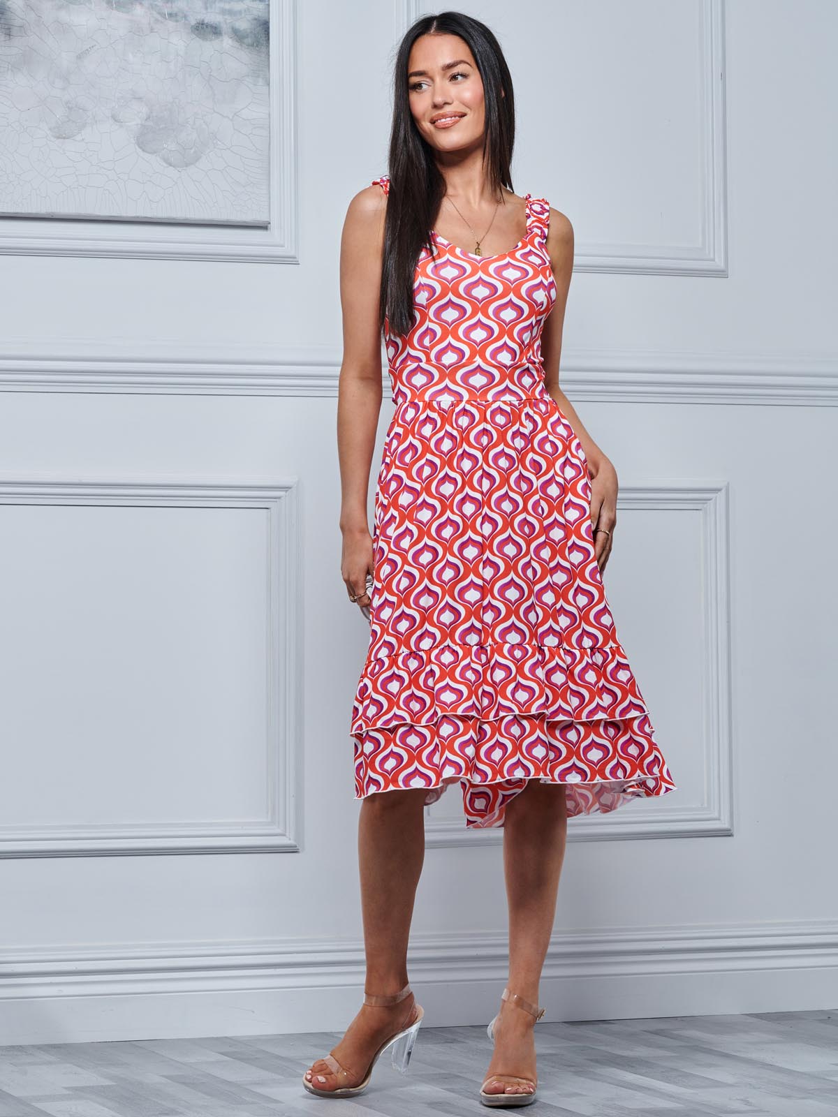 Gabriel Tiered Sleeveless Jersey Dress, Orange Geo