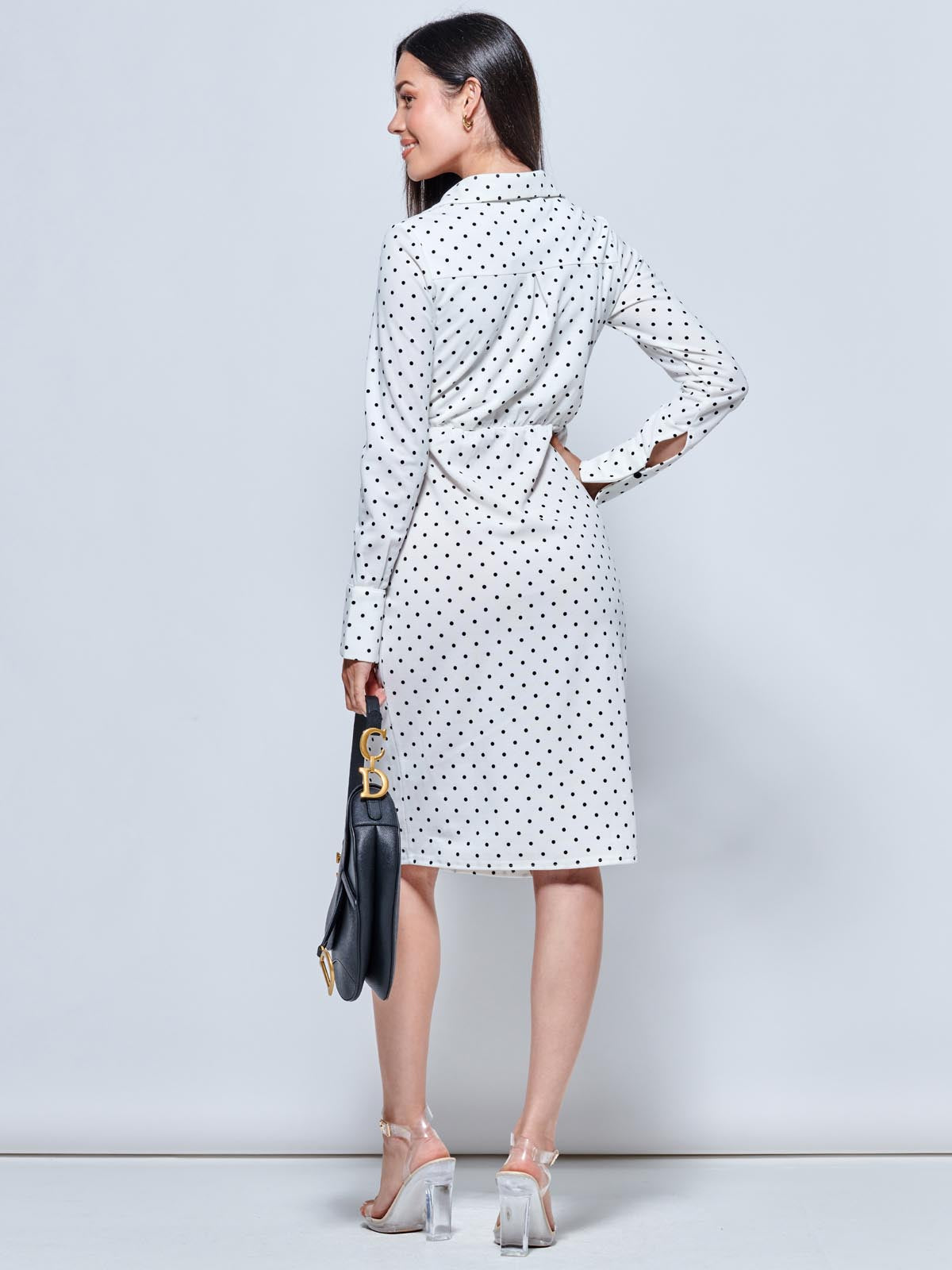 Wrap Front Buckle Detail Shirt Dress, White Polka Dot