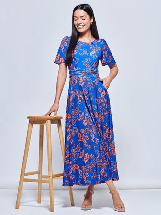Angel Sleeve Jersey Maxi Dress, Royal Floral