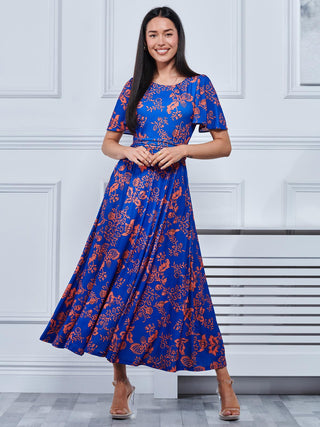 Angel Sleeve Jersey Maxi Dress, Royal Floral
