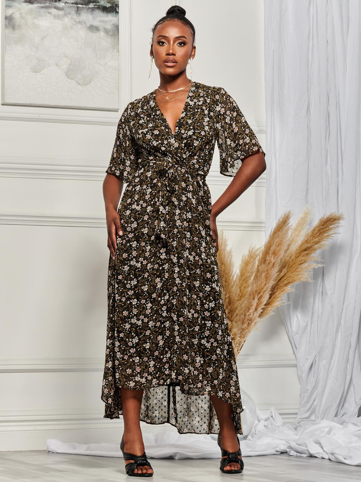 Angel Sleeve Wrap Tie Front Maxi Dress, Black Floral