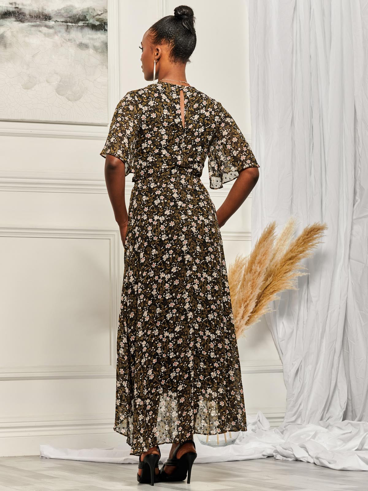 Angel Sleeve Wrap Tie Front Maxi Dress, Black Floral