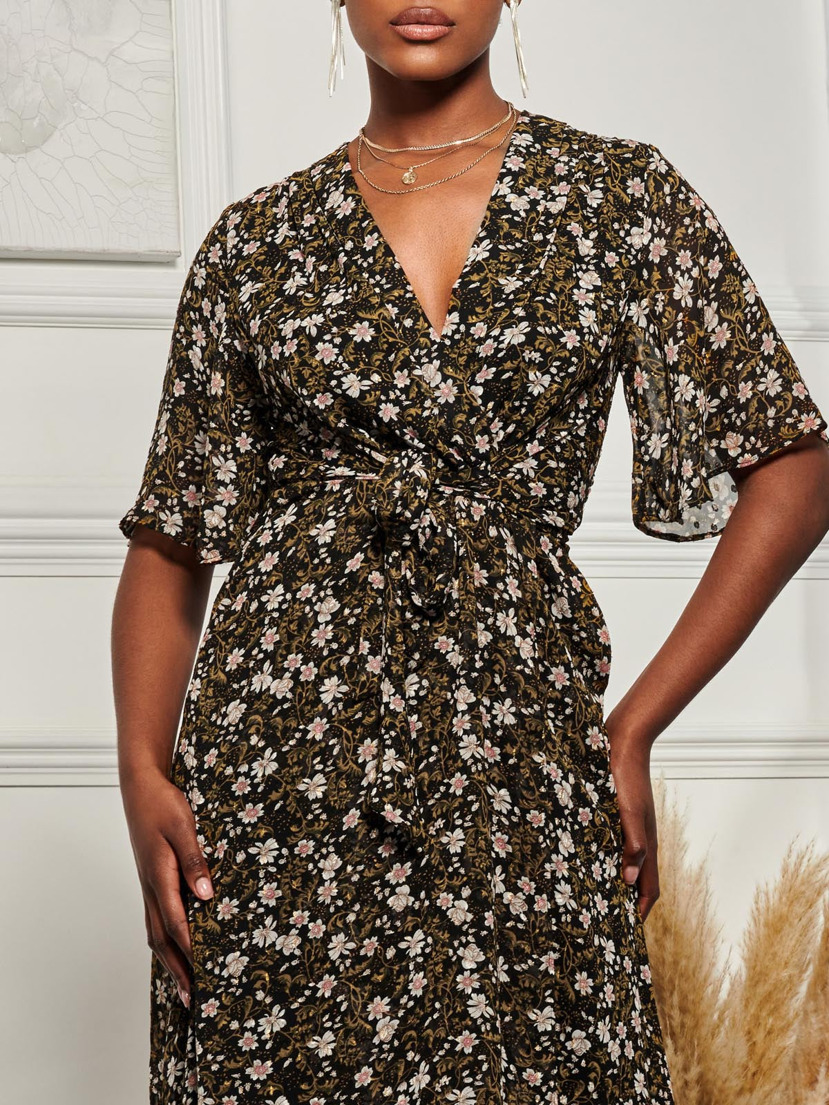 Angel Sleeve Wrap Tie Front Maxi Dress, Black Floral