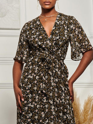 Angel Sleeve Wrap Tie Front Maxi Dress, Black Floral
