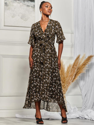 Angel Sleeve Wrap Tie Front Maxi Dress, Black Floral