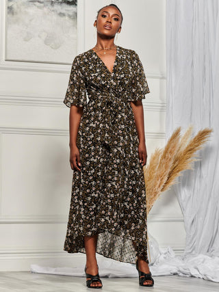 Angel Sleeve Wrap Tie Front Maxi Dress, Black Floral