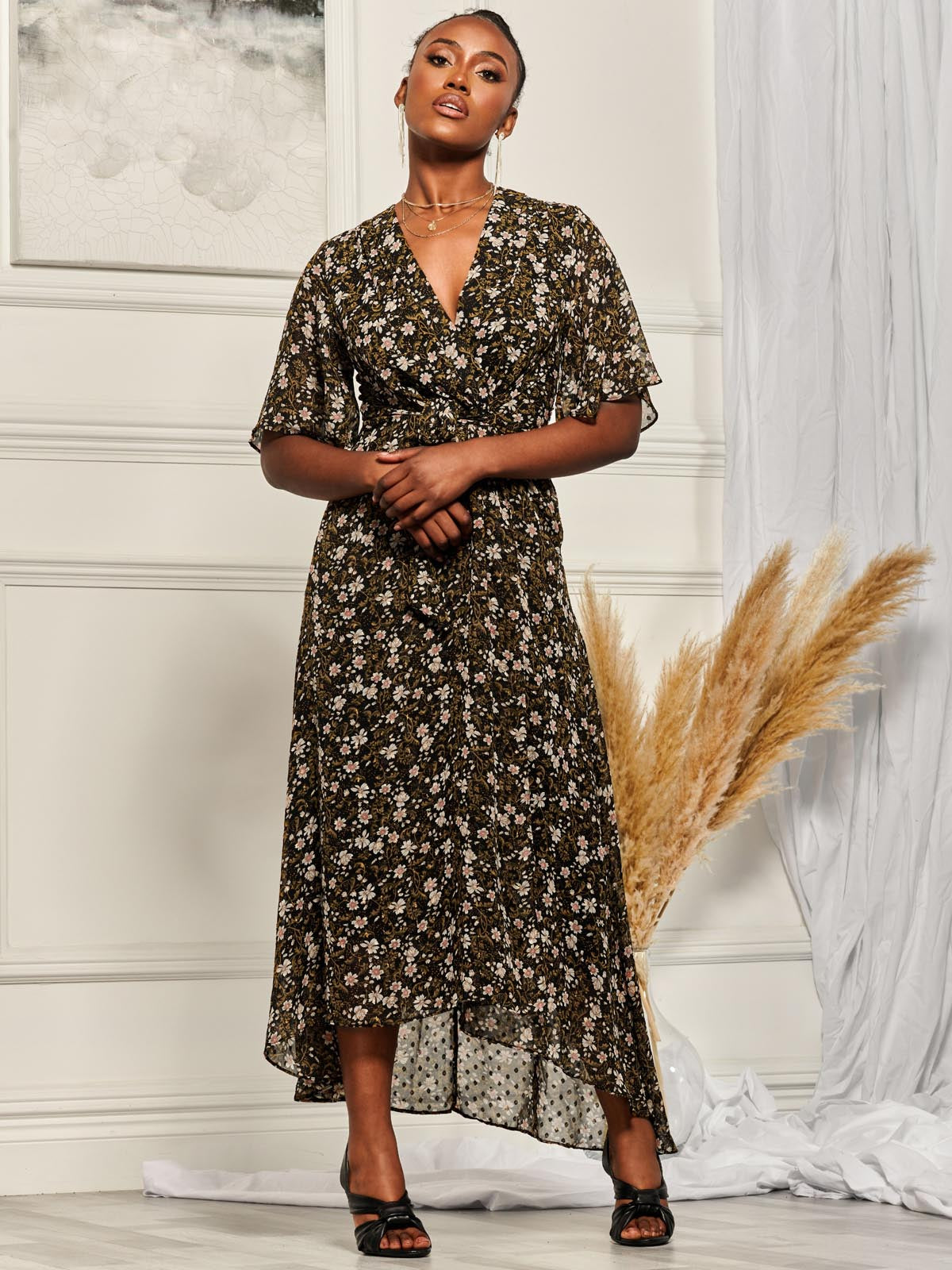 Angel Sleeve Wrap Tie Front Maxi Dress, Black Floral