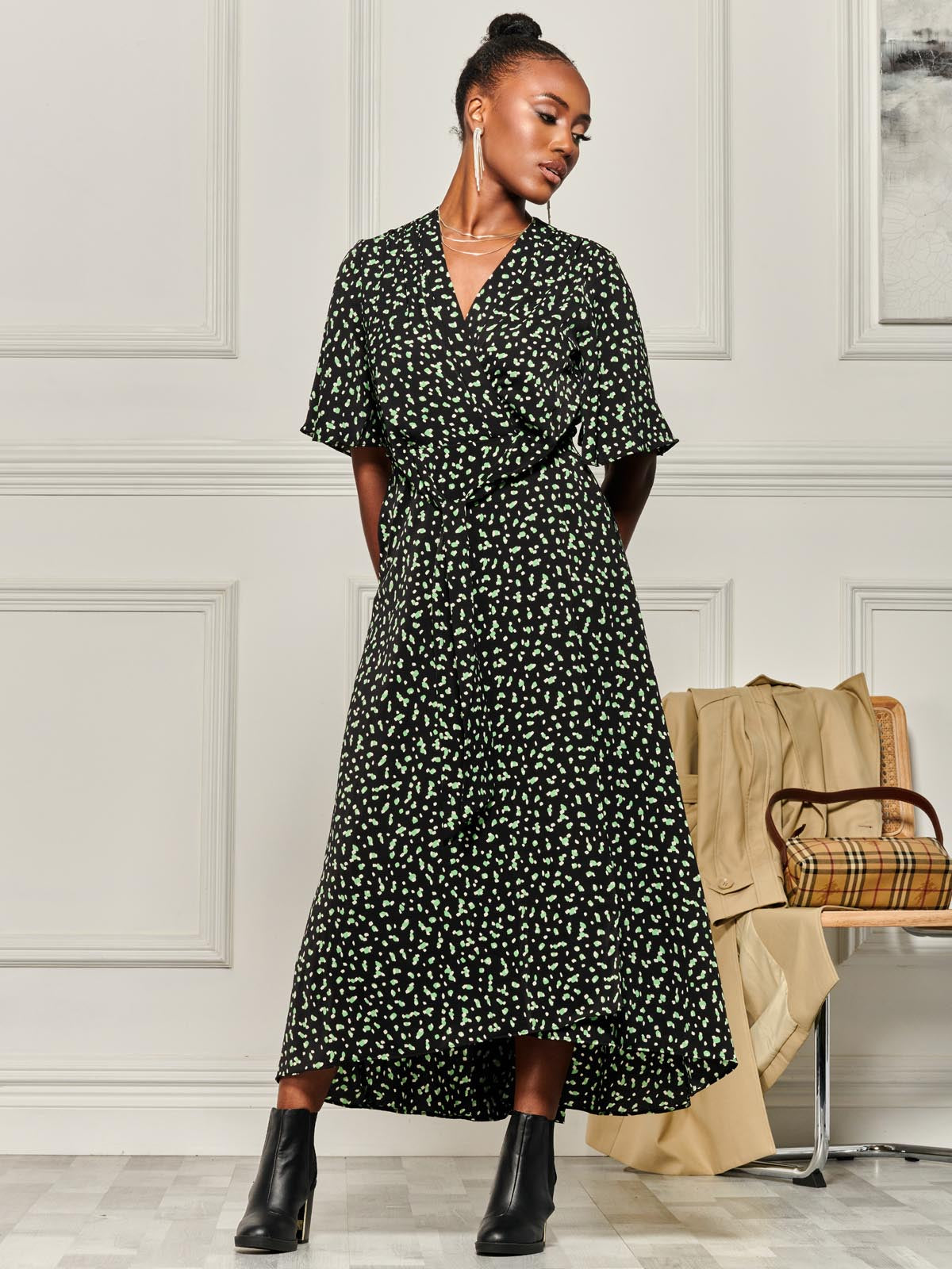 Angel Sleeve Wrap Tie Front Maxi Dress, Black Spot