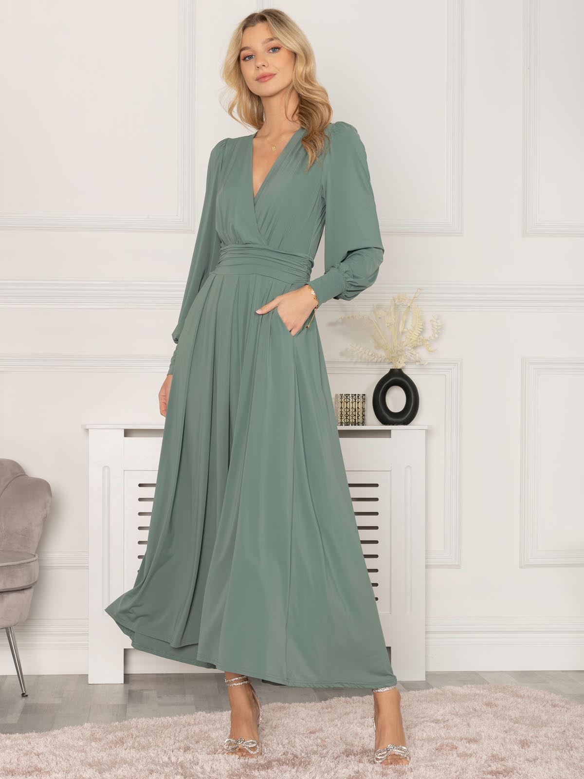 Rashelle Jersey Long Sleeve Maxi Dress, Pleat Green
