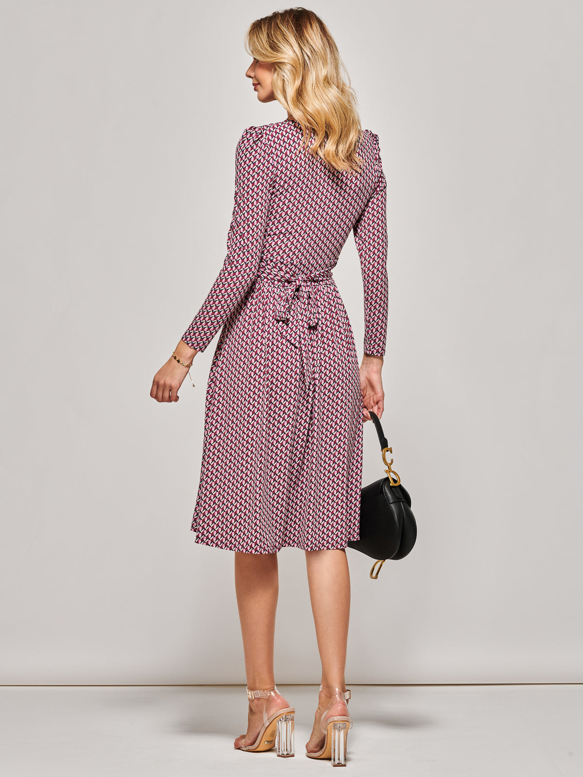 Long Sleeve Jersey Midi Dress, Pink Geo