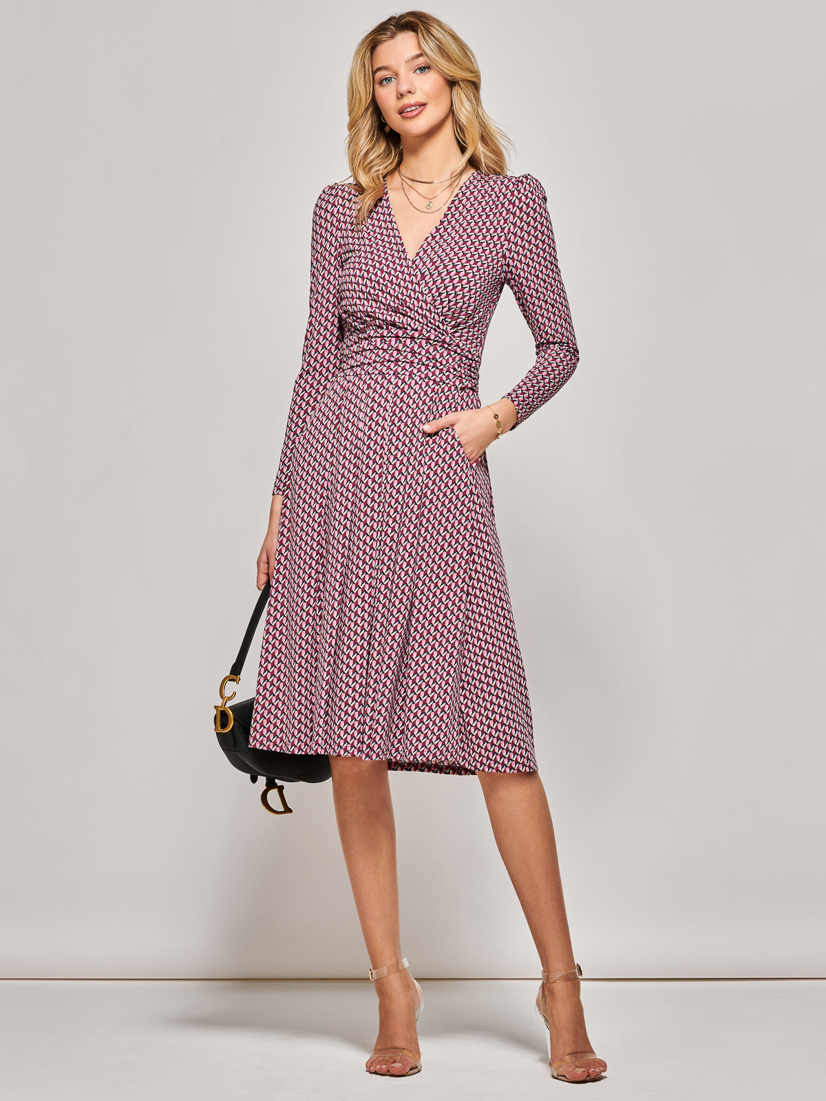 Long Sleeve Jersey Midi Dress, Pink Geo