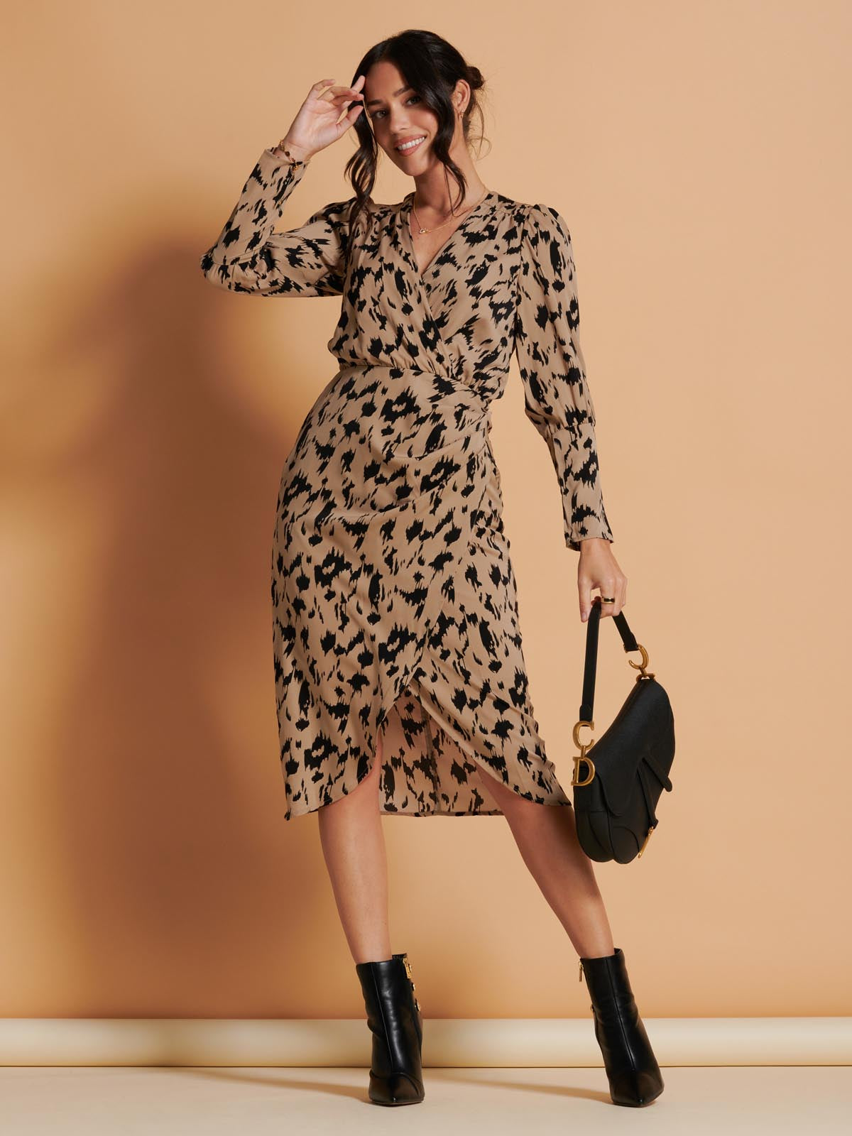 Printed Wrap Detail Bodycon Dress, Beige Leo