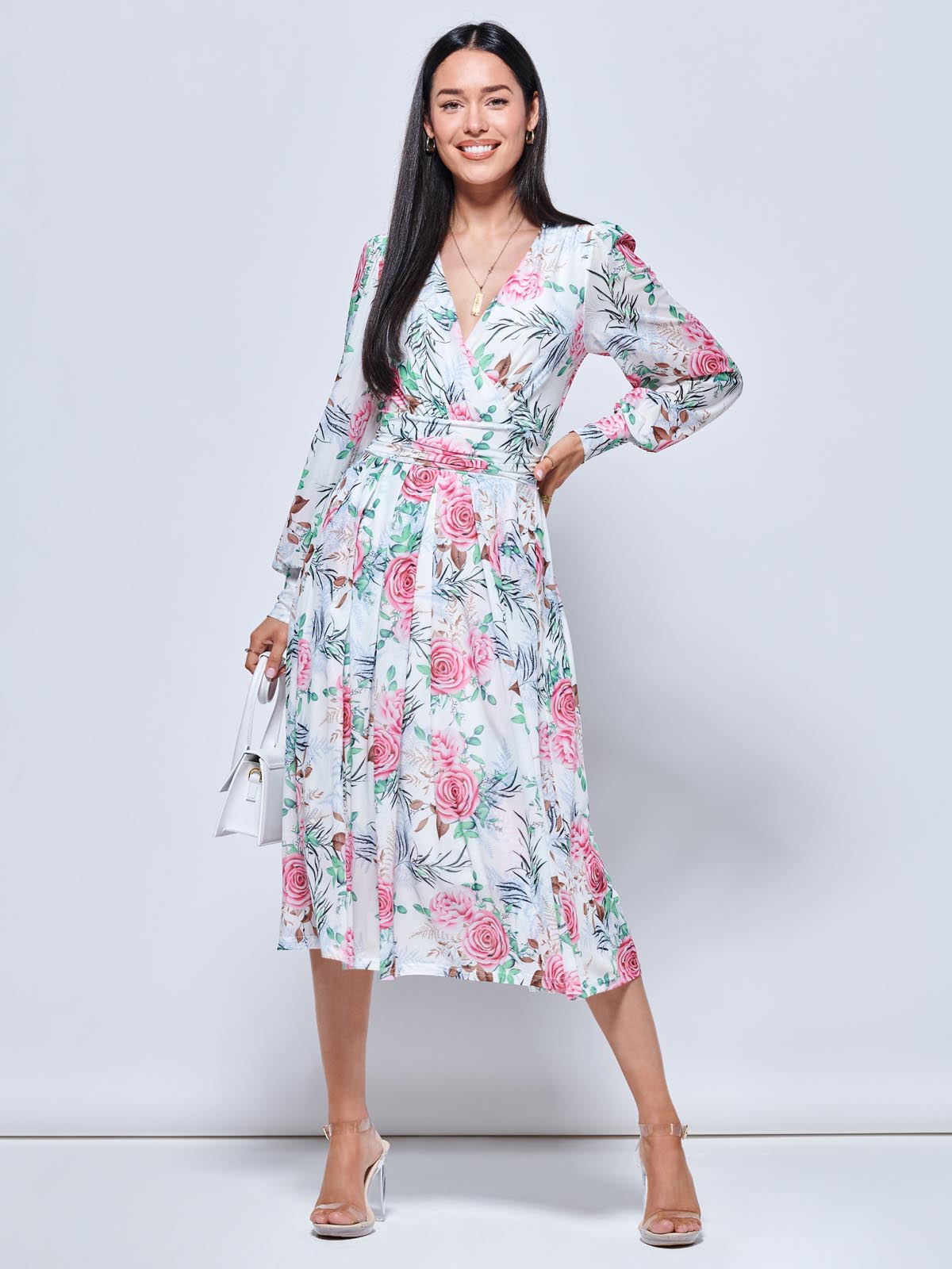Floral Print Long Sleeve Mesh Midi Dress