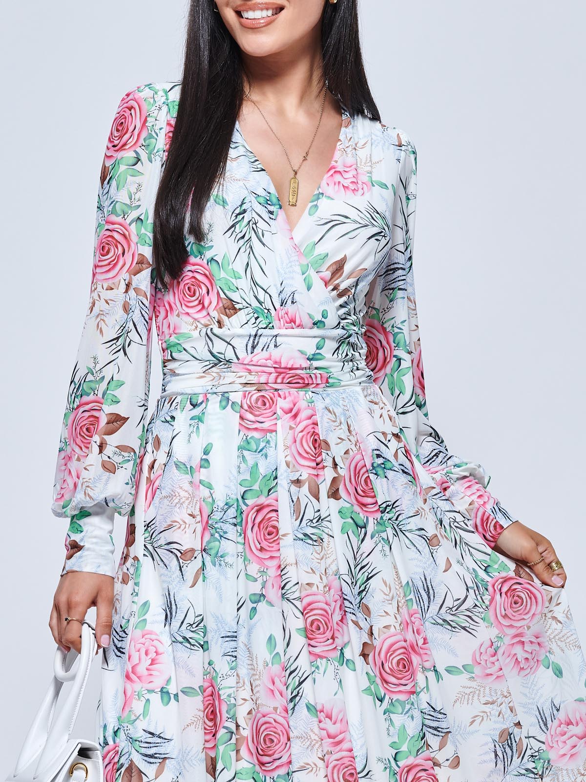 Floral Print Long Sleeve Mesh Midi Dress
