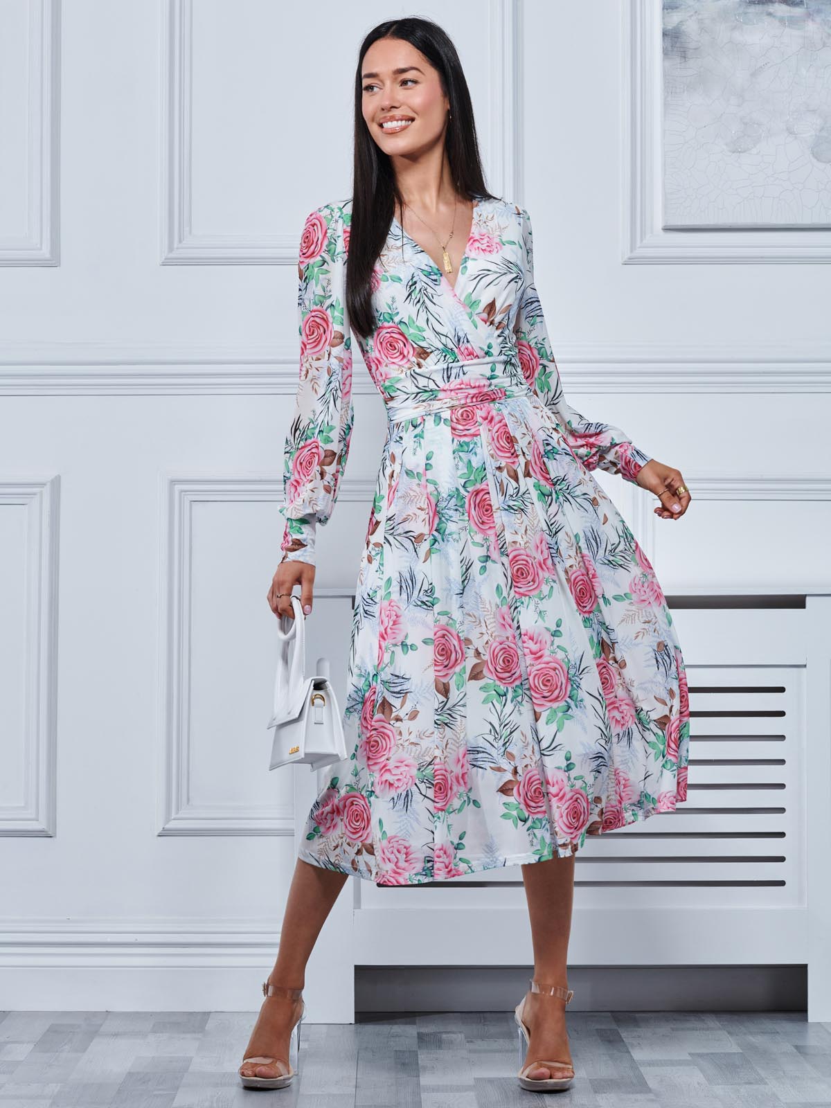 Floral Print Long Sleeve Mesh Midi Dress