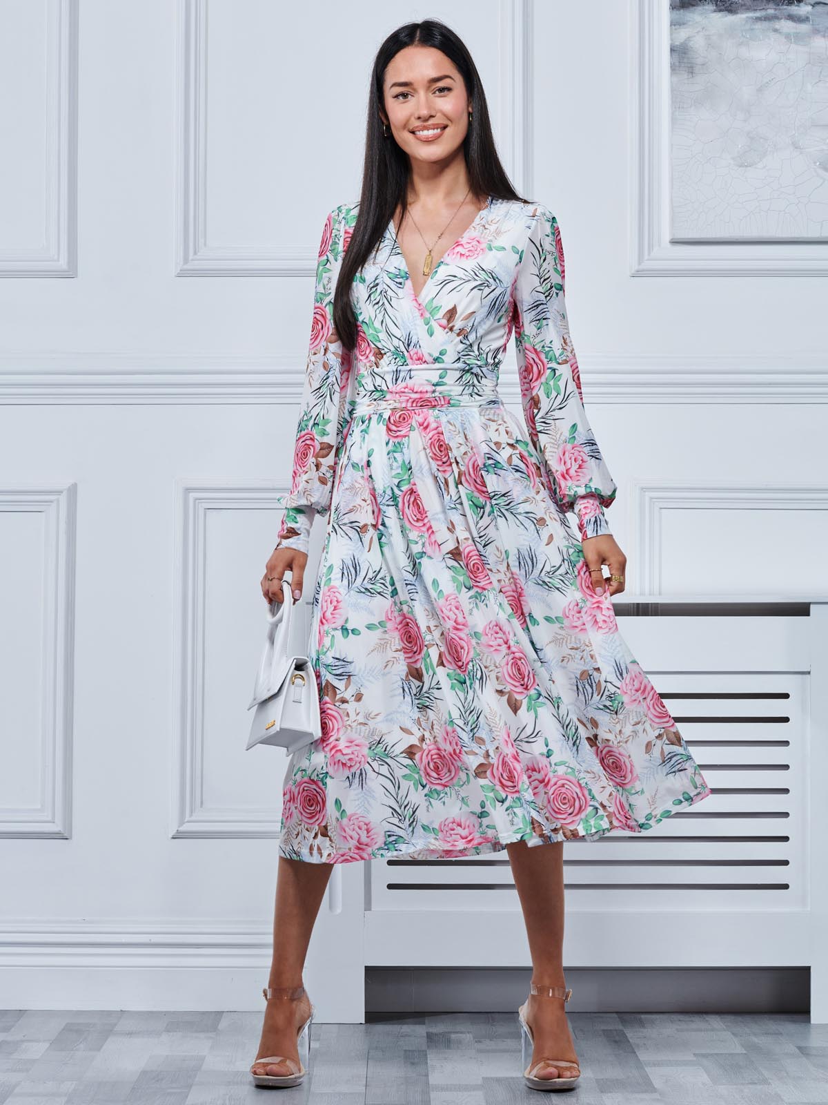 Floral Print Long Sleeve Mesh Midi Dress