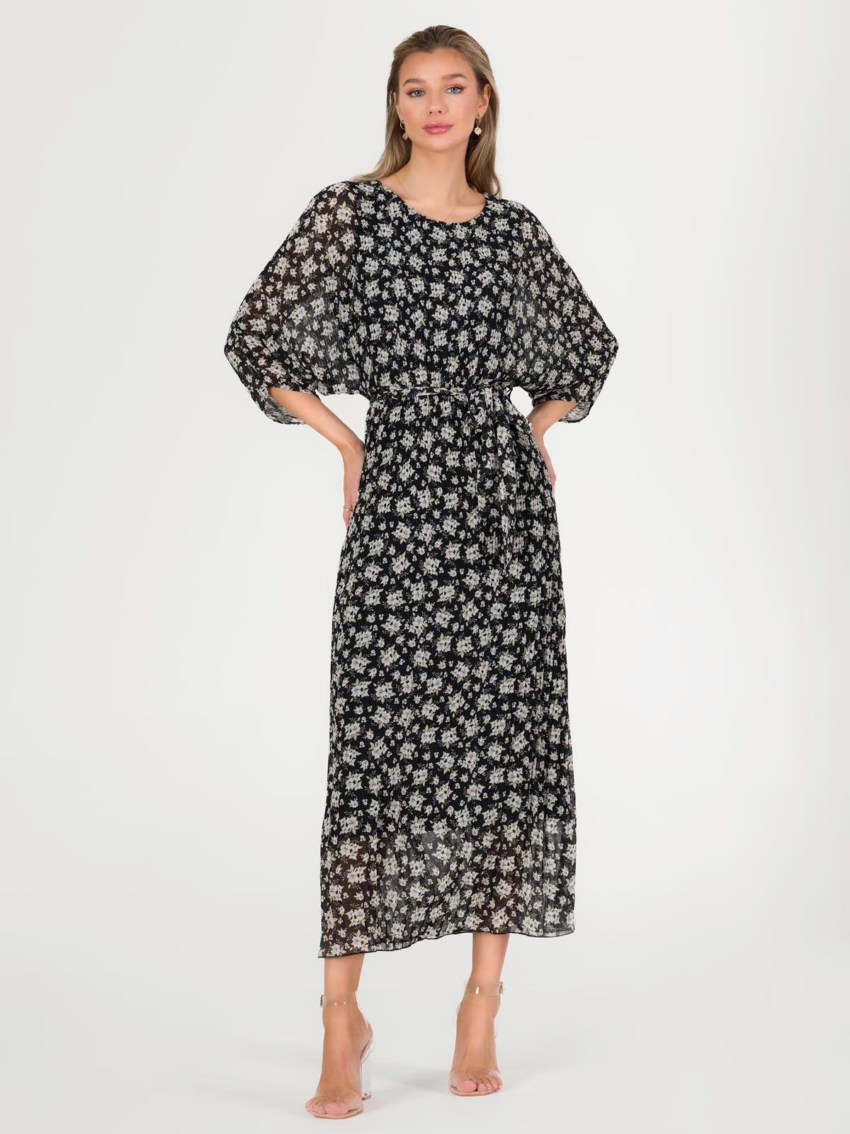 Chiffon Pleated Batwing Sleeve Maxi Dress, Black Floral