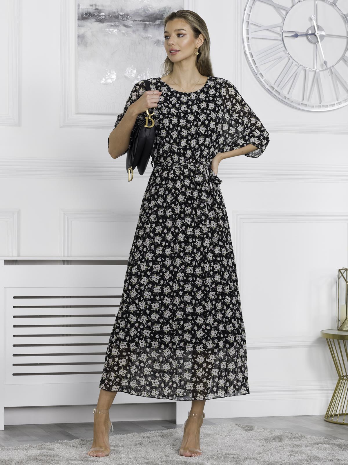 Chiffon Pleated Batwing Sleeve Maxi Dress, Black Floral
