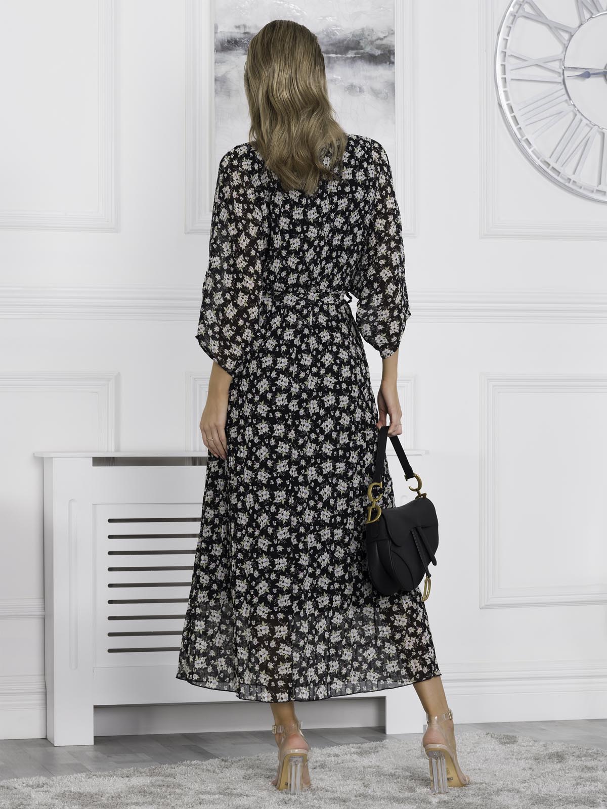 Chiffon Pleated Batwing Sleeve Maxi Dress, Black Floral