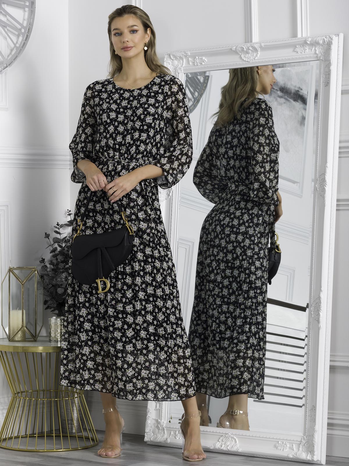 Chiffon Pleated Batwing Sleeve Maxi Dress, Black Floral