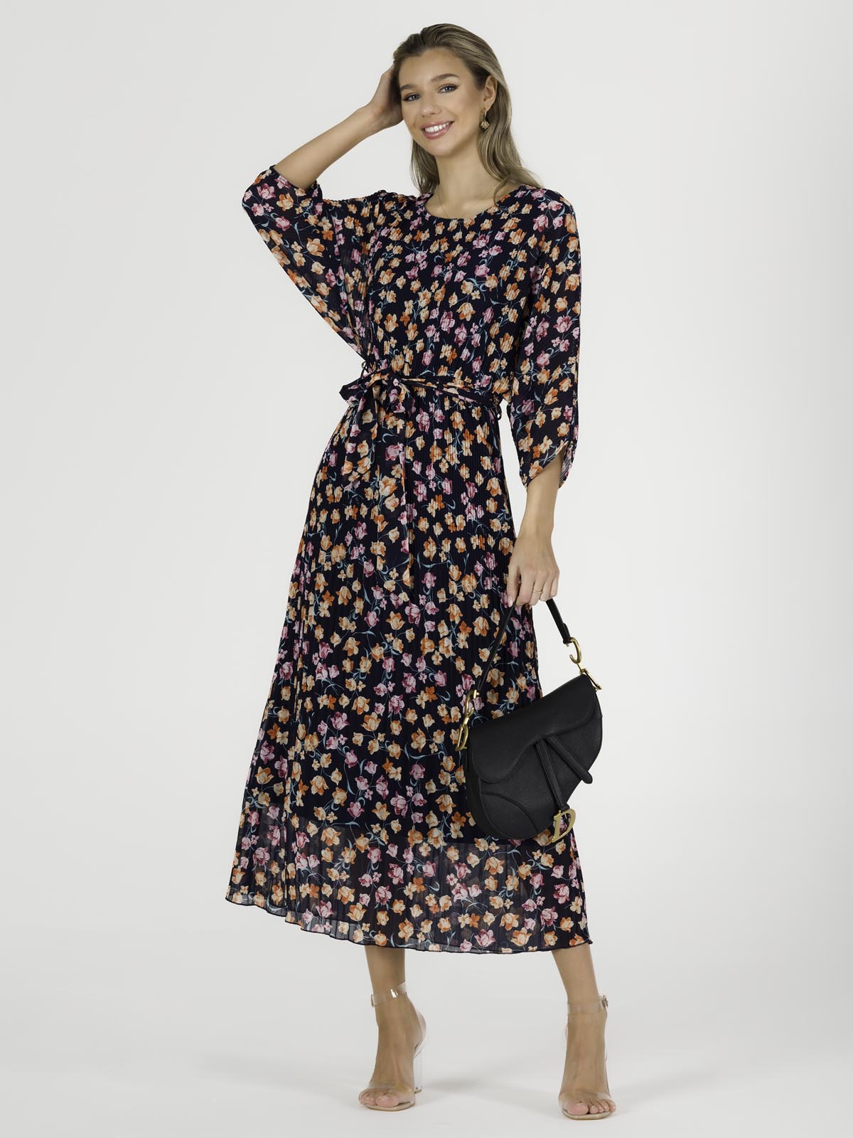 Chiffon Pleated Batwing Sleeve Maxi Dress, Navy Floral