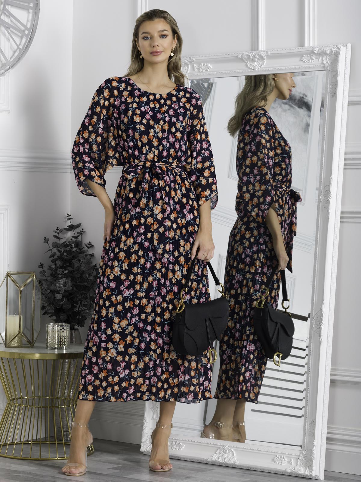 Chiffon Pleated Batwing Sleeve Maxi Dress, Navy Floral