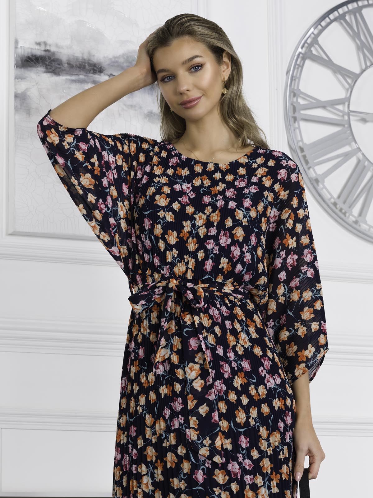 Chiffon Pleated Batwing Sleeve Maxi Dress, Navy Floral