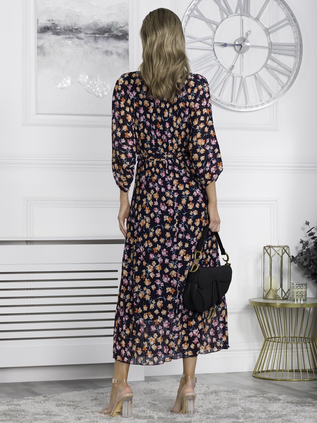 Chiffon Pleated Batwing Sleeve Maxi Dress, Navy Floral