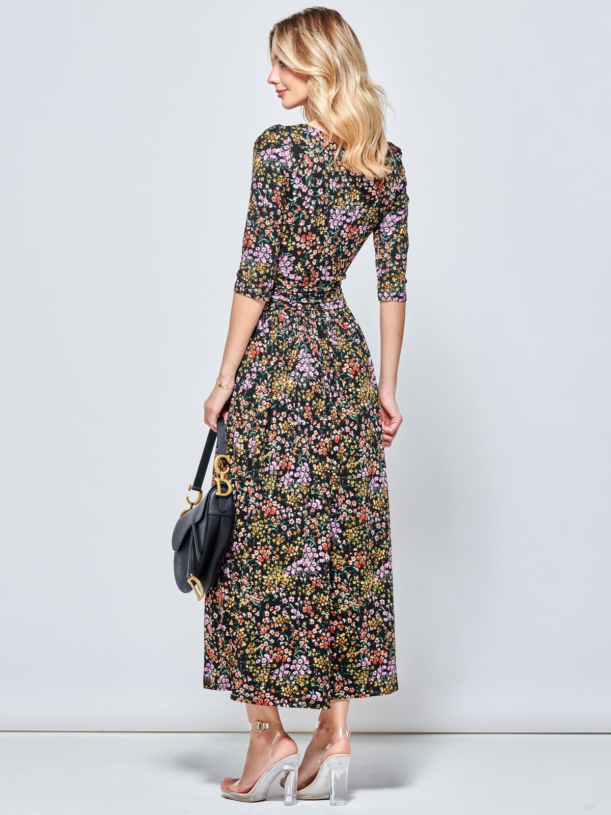 Round Neck Sleeved Jersey Maxi Dress, Black Ditsy
