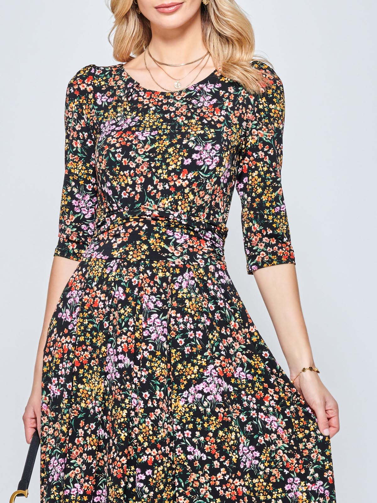 Round Neck Sleeved Jersey Maxi Dress, Black Ditsy
