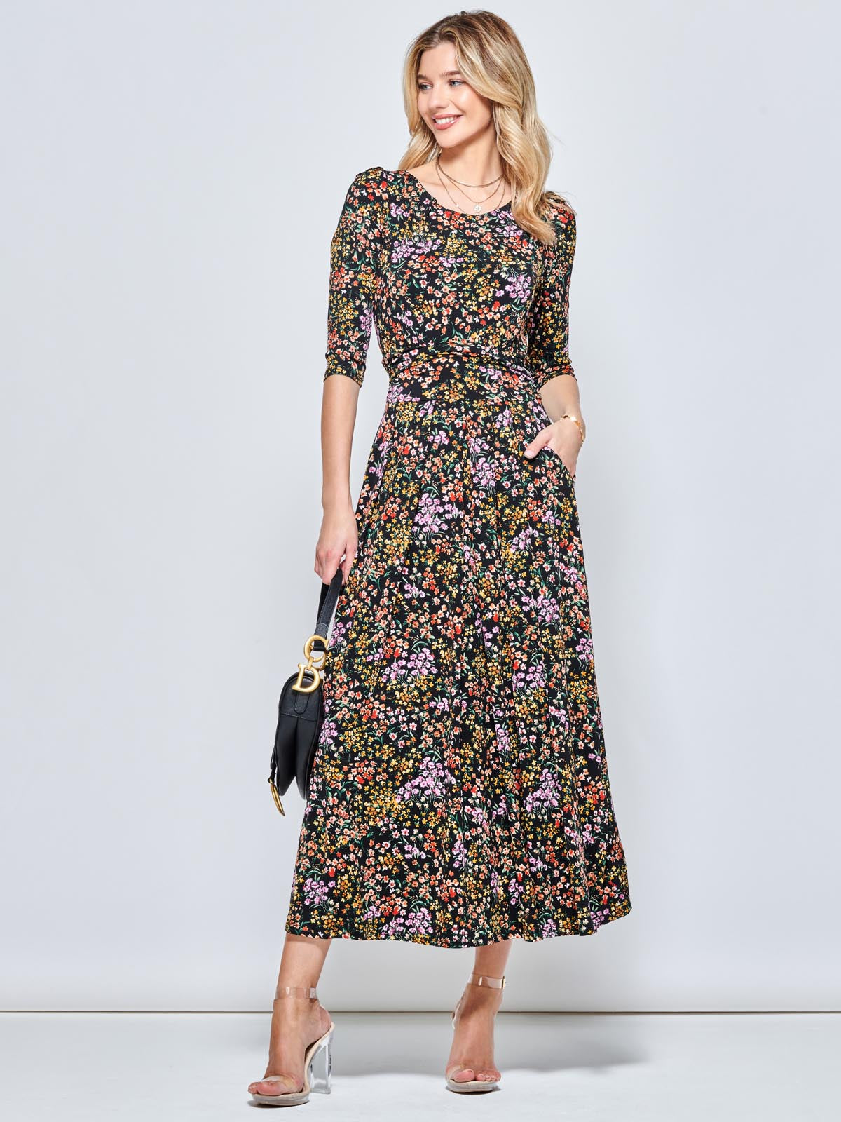 Round Neck Sleeved Jersey Maxi Dress, Black Ditsy